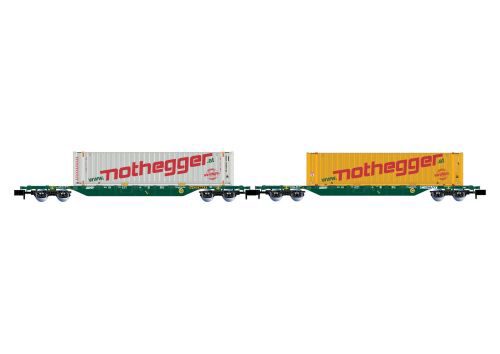 Arnold HN6657 2er-Set 4-achsiger Containertragwagen Wagen  grün mit 2x 45 containers Nothegger  Ep.V-VI